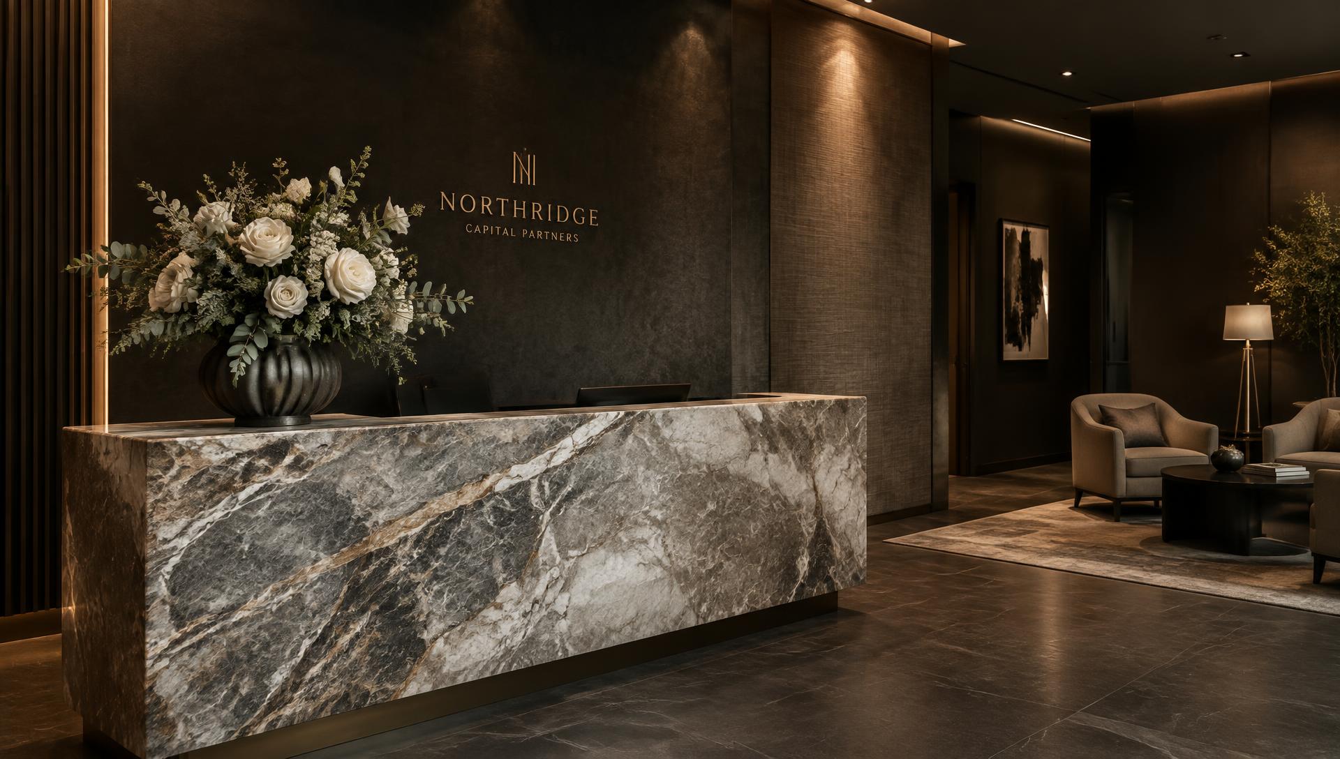 Luxe kantoorreceptie met zijden boeket van BloomzyCrush